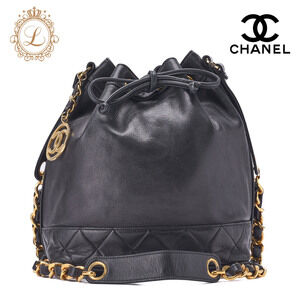 Chanel Coco Mark Circle Drawstring Shoulder Bag Black Lambskin